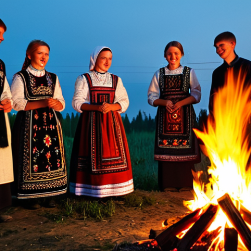 Kupalle Celebration**

"A group of young people, fully clothed in traditional embroidered clothing, celebrating Kupalle around a large bonfire at night in a rural Belarusian setting, safe for work, appropriate content, perfect anatomy, natural proportions, professional photography, warm lighting, family-friendly, modest attire, well-formed hands, proper finger count, natural body proportions, vibrant colors, folk music playing, ancient tradition."

**