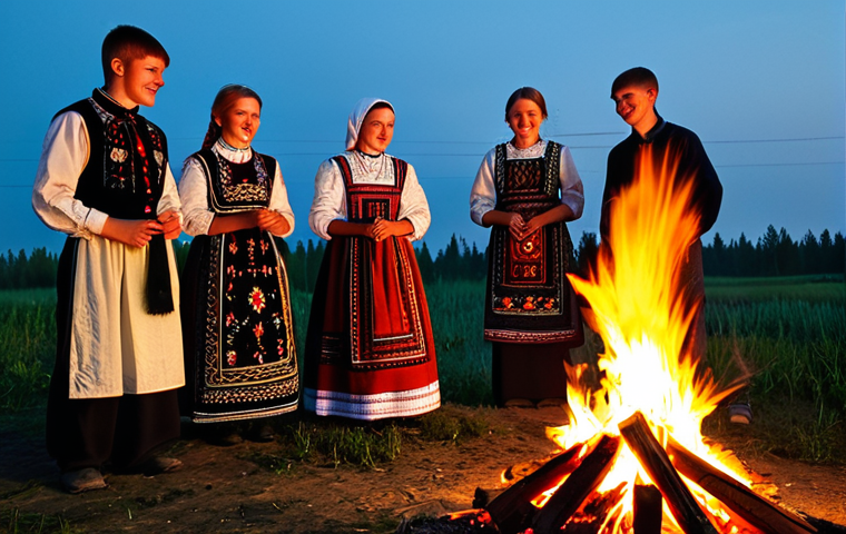 Kupalle Celebration**

"A group of young people, fully clothed in traditional embroidered clothing, celebrating Kupalle around a large bonfire at night in a rural Belarusian setting, safe for work, appropriate content, perfect anatomy, natural proportions, professional photography, warm lighting, family-friendly, modest attire, well-formed hands, proper finger count, natural body proportions, vibrant colors, folk music playing, ancient tradition."

**