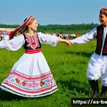 벨라루스 민속춤과 음악 - **Prompt:** A vibrant outdoor scene at a Belarusian folk festival. Two young, energetic dancers, one...
