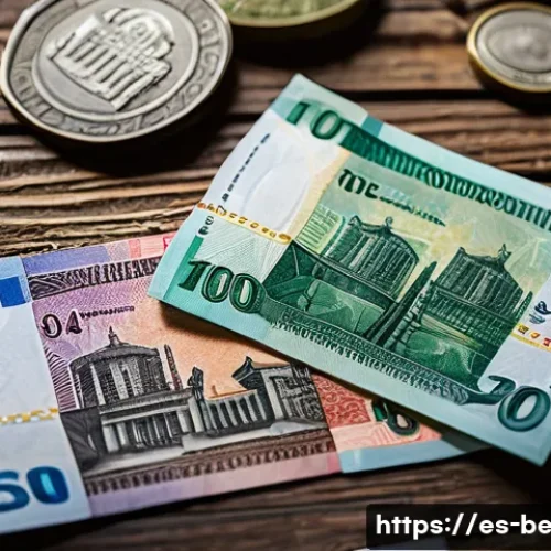 벨라루스 환전 및 화폐 사용법 - A detailed close-up image of modern Belarusian ruble banknotes and coins spread out on a rustic wood...