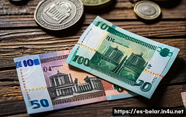 벨라루스 환전 및 화폐 사용법 - A detailed close-up image of modern Belarusian ruble banknotes and coins spread out on a rustic wood...