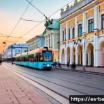 벨라루스에서 집 구하는 방법 - A vibrant urban scene of Minsk city center at dusk, showcasing historic architecture with lively str...