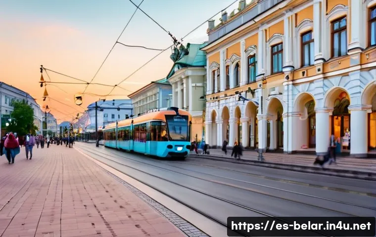 벨라루스에서 집 구하는 방법 - A vibrant urban scene of Minsk city center at dusk, showcasing historic architecture with lively str...