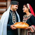 벨라루스 결혼 풍습 - A warm and festive Belarusian wedding scene at the entrance of a traditional rural house, where the ...