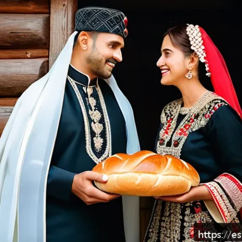 벨라루스 결혼 풍습 - A warm and festive Belarusian wedding scene at the entrance of a traditional rural house, where the ...