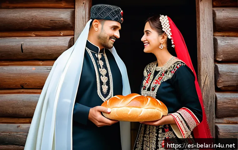 벨라루스 결혼 풍습 - A warm and festive Belarusian wedding scene at the entrance of a traditional rural house, where the ...