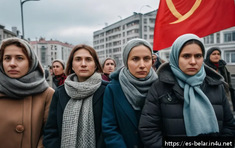 벨라루스에서의 여성 인권 문제 - A powerful scene depicting a group of Belarusian women participating in a peaceful protest in an urb...