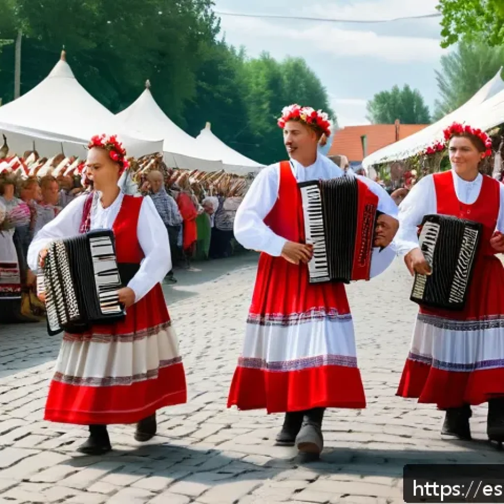 벨라루스에서 인스타그램 인기 해시태그 - A vibrant Belarusian folk festival scene set in a lush outdoor village square during daytime, featur...