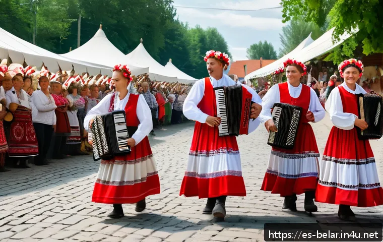 벨라루스에서 인스타그램 인기 해시태그 - A vibrant Belarusian folk festival scene set in a lush outdoor village square during daytime, featur...