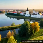 벨라루스에서 가장 오래된 도시 - Photorealistic sunrise panorama of ancient Polotsk, Belarus, viewed from above where the Western Dvi...
