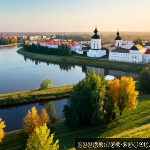 벨라루스에서 가장 오래된 도시 - Photorealistic sunrise panorama of ancient Polotsk, Belarus, viewed from above where the Western Dvi...