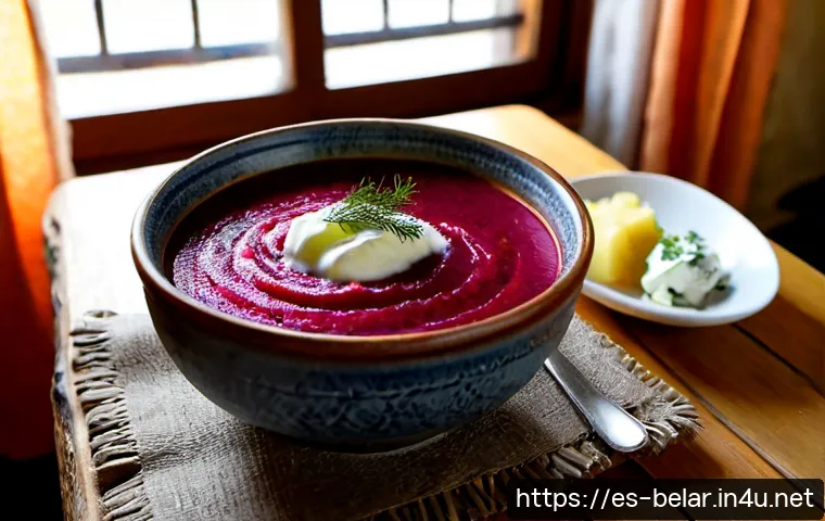Home 17 벨라루스 보르시 요리 - Photorealistic Belarusian borscht in a rustic ceramic bowl, rich ruby-red beet soup with visible cab...