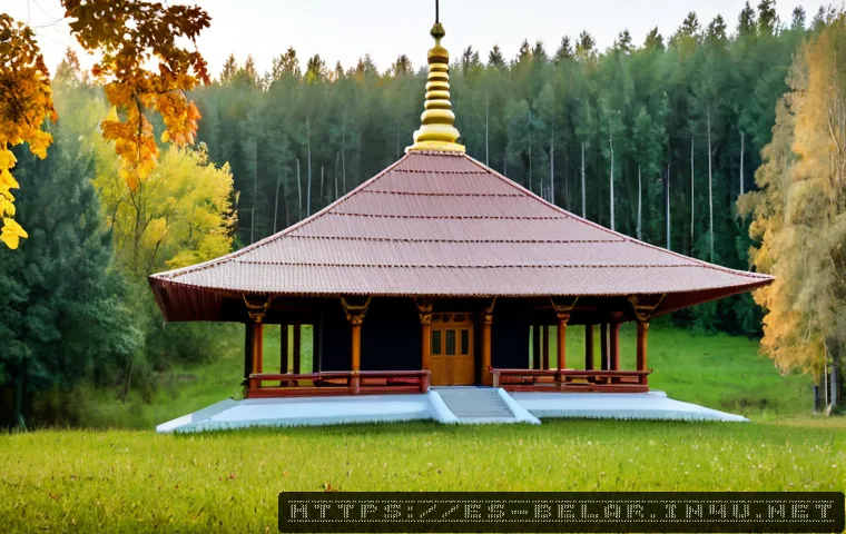 Home 17 벨라루스에서 불교 사원 존재 여부 - Photorealistic exterior of a modest Buddhist temple in Belarus, traditional pagoda-inspired roof bes...